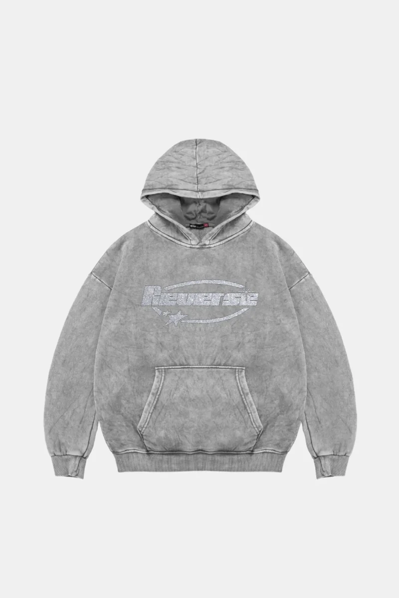 Reverse Taş Baskılı Oversize Unisex Yıkamalı Beyaz Hoodie