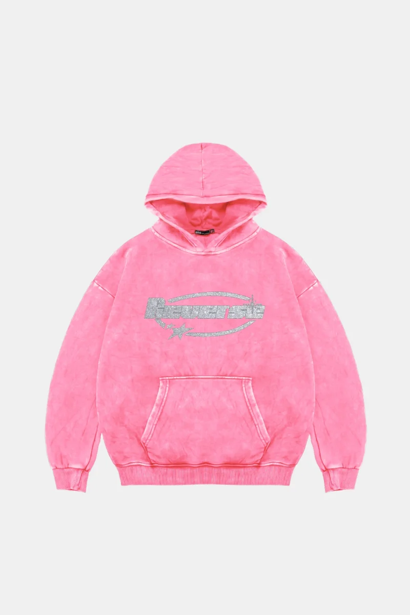 Reverse Taş Baskılı Oversize Unisex Yıkamalı Pembe Hoodie