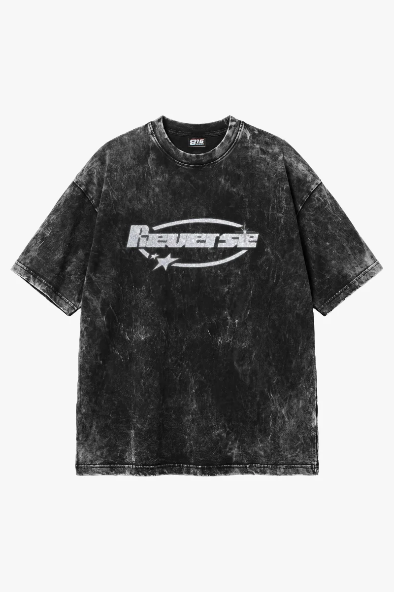 Reverse Taş Baskılı Oversize Unisex Yıkamalı Siyah Tshirt