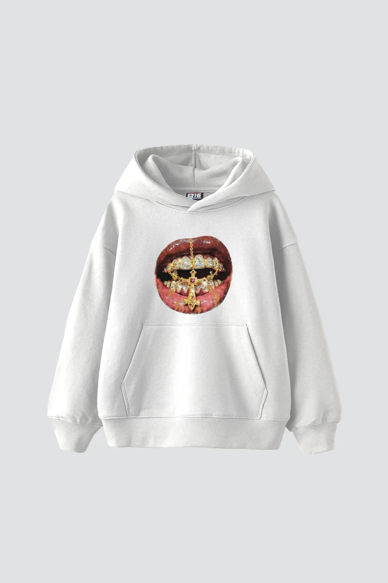 Rhinestone Teeth Baskılı Oversize Unisex Beyaz Hoodie