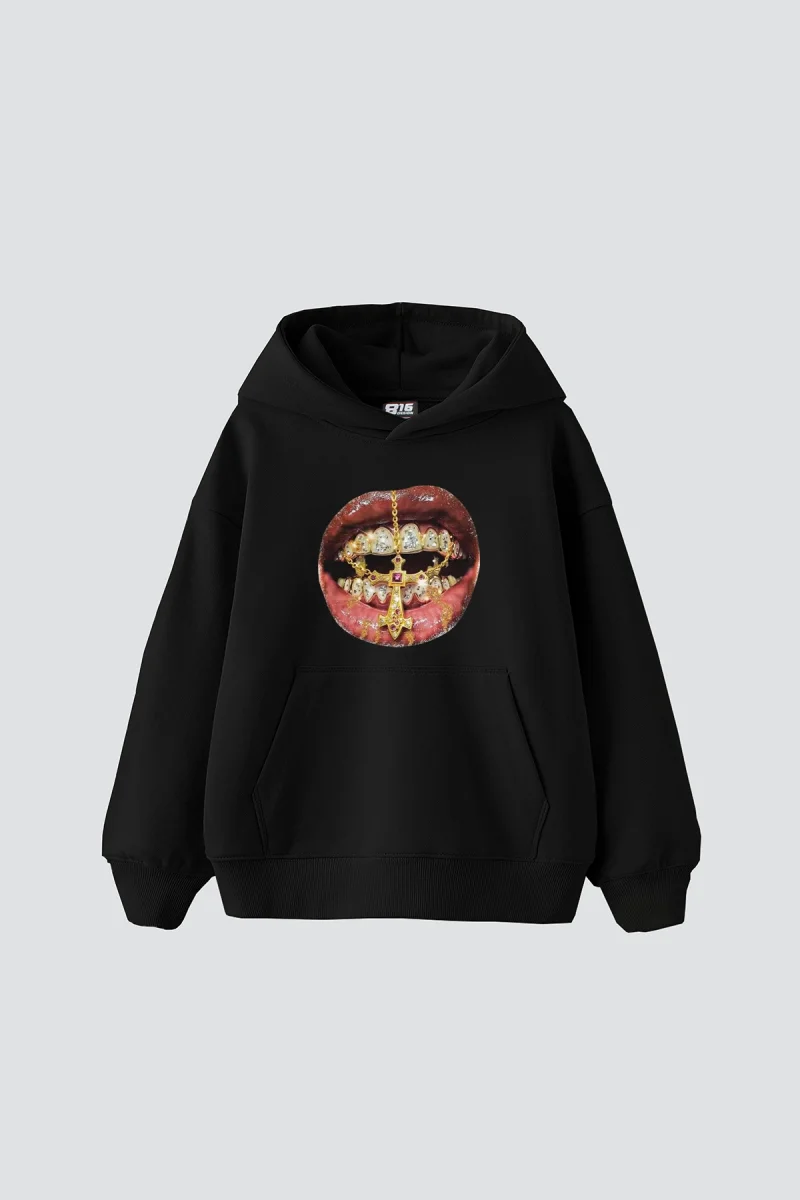 Rhinestone Teeth Baskılı Oversize Unisex Siyah Hoodie