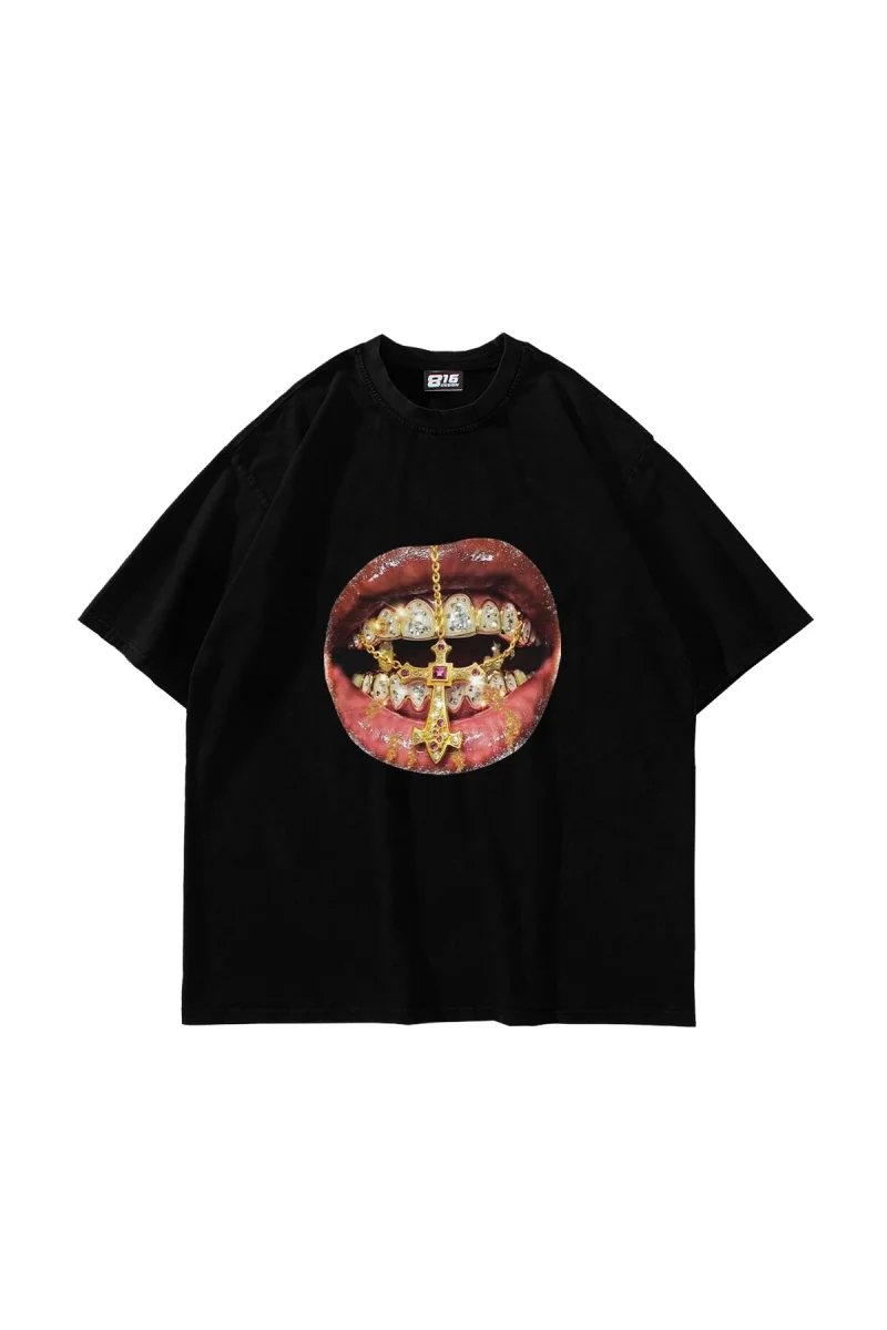Rhinestone Teeth Baskılı Oversize Unisex Siyah Tshirt