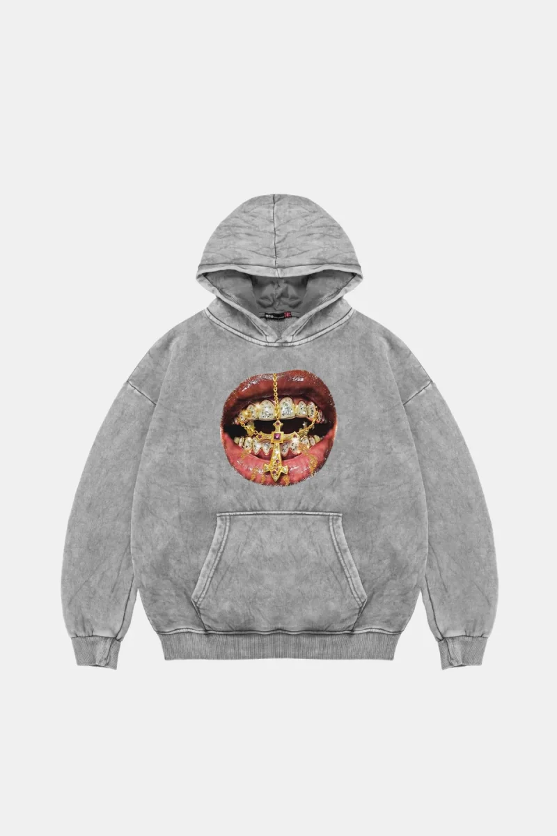 Rhinestone Teeth Baskılı Oversize Unisex Yıkamalı Beyaz Hoodie