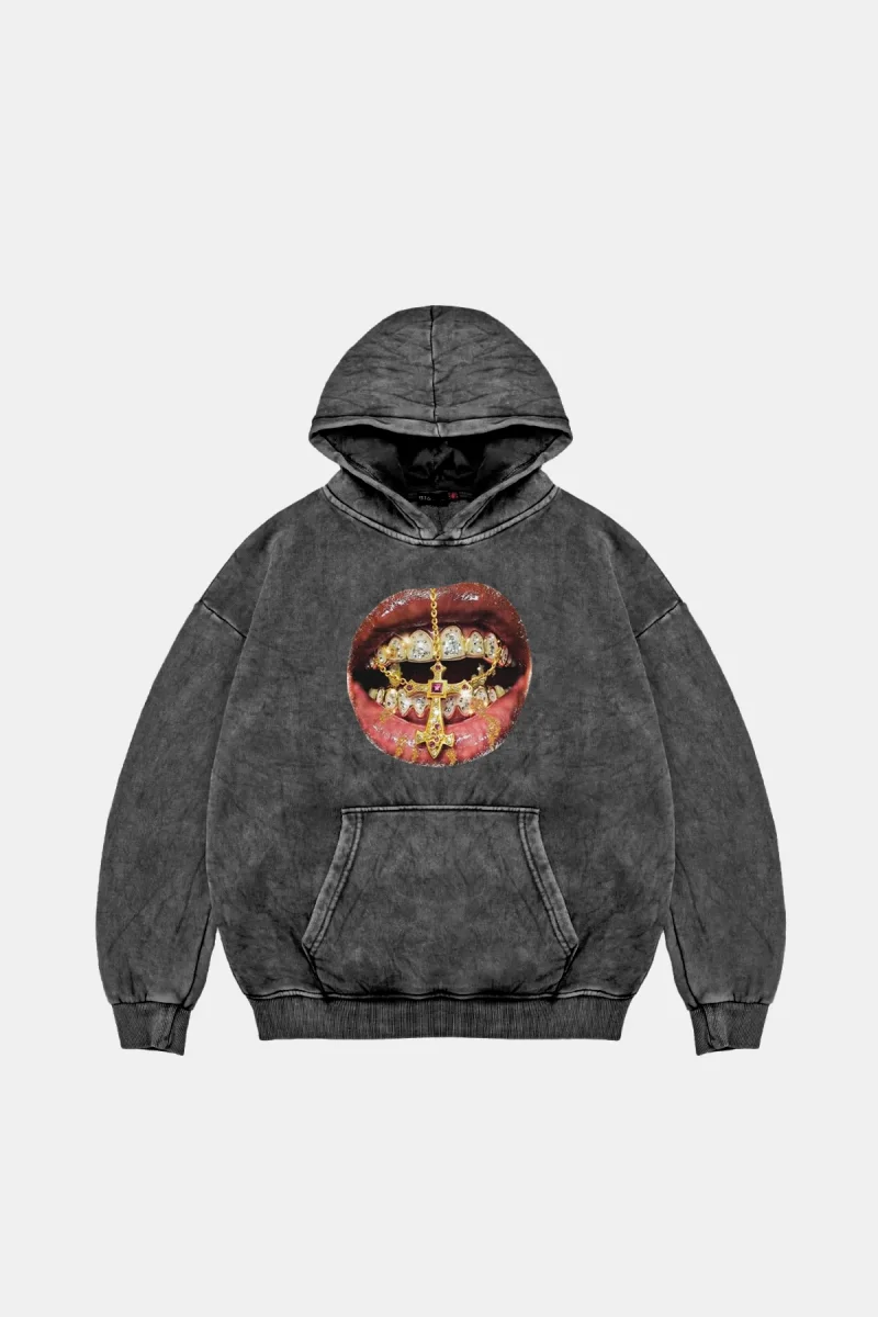 Rhinestone Teeth Baskılı Oversize Unisex Yıkamalı Siyah Hoodie