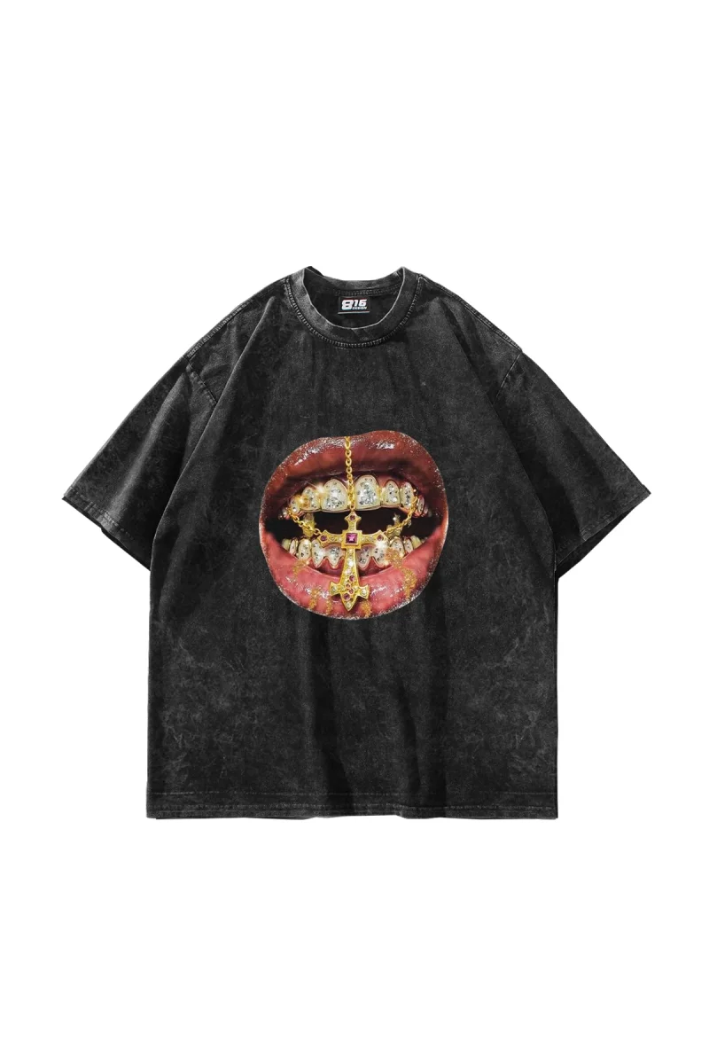 Rhinestone Teeth Baskılı Oversize Unisex Yıkamalı Siyah Tshirt