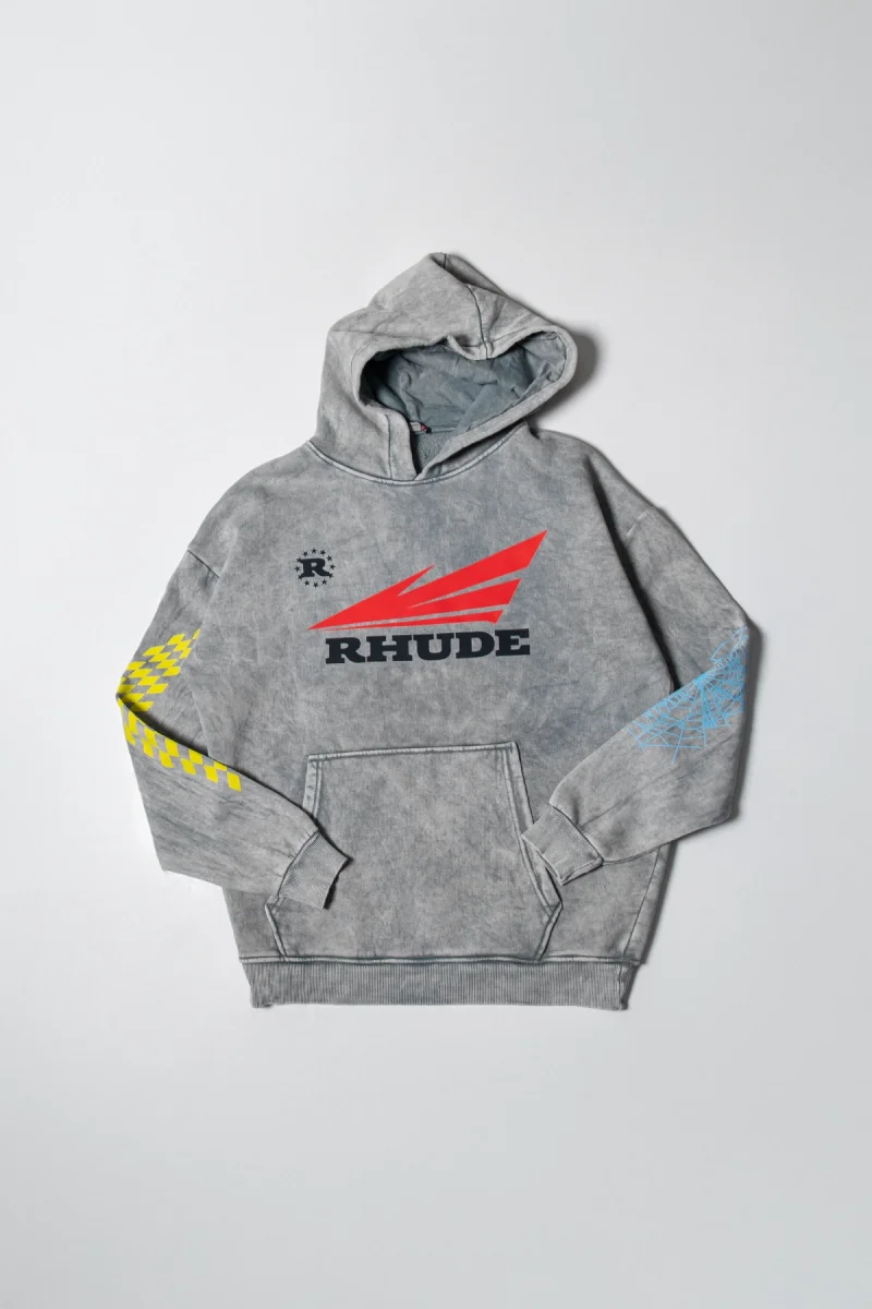 Rhude Baskılı Oversize Unisex Yıkamalı Beyaz Hoodie