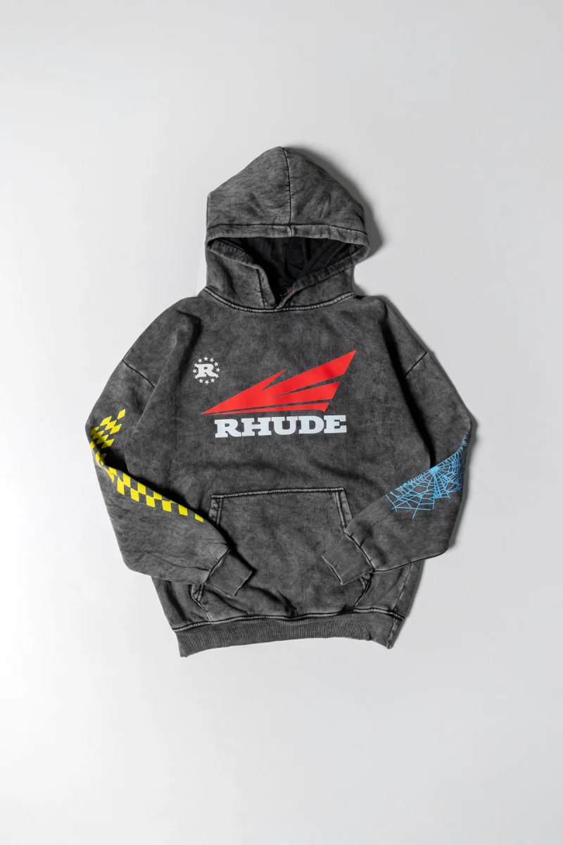 Rhude Baskılı Oversize Unisex Yıkamalı Siyah Hoodie