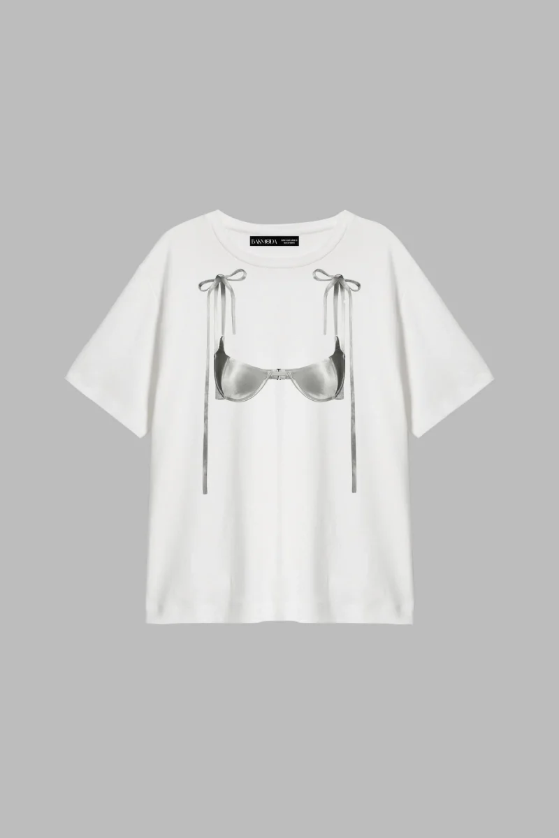 Ribbon Bikini Baskılı Relaxed Fit Beyaz Kadın Tshirt