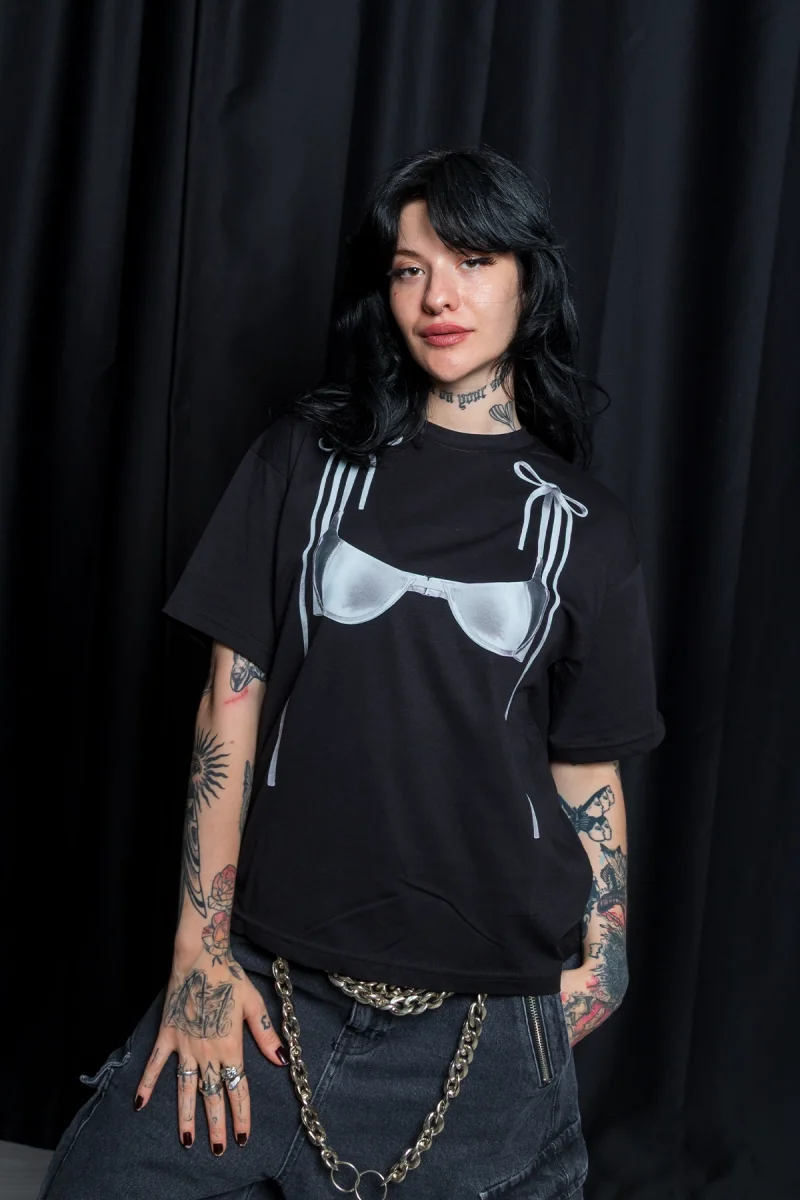 Ribbon Bikini Baskılı Relaxed Fit Siyah Kadın Tshirt