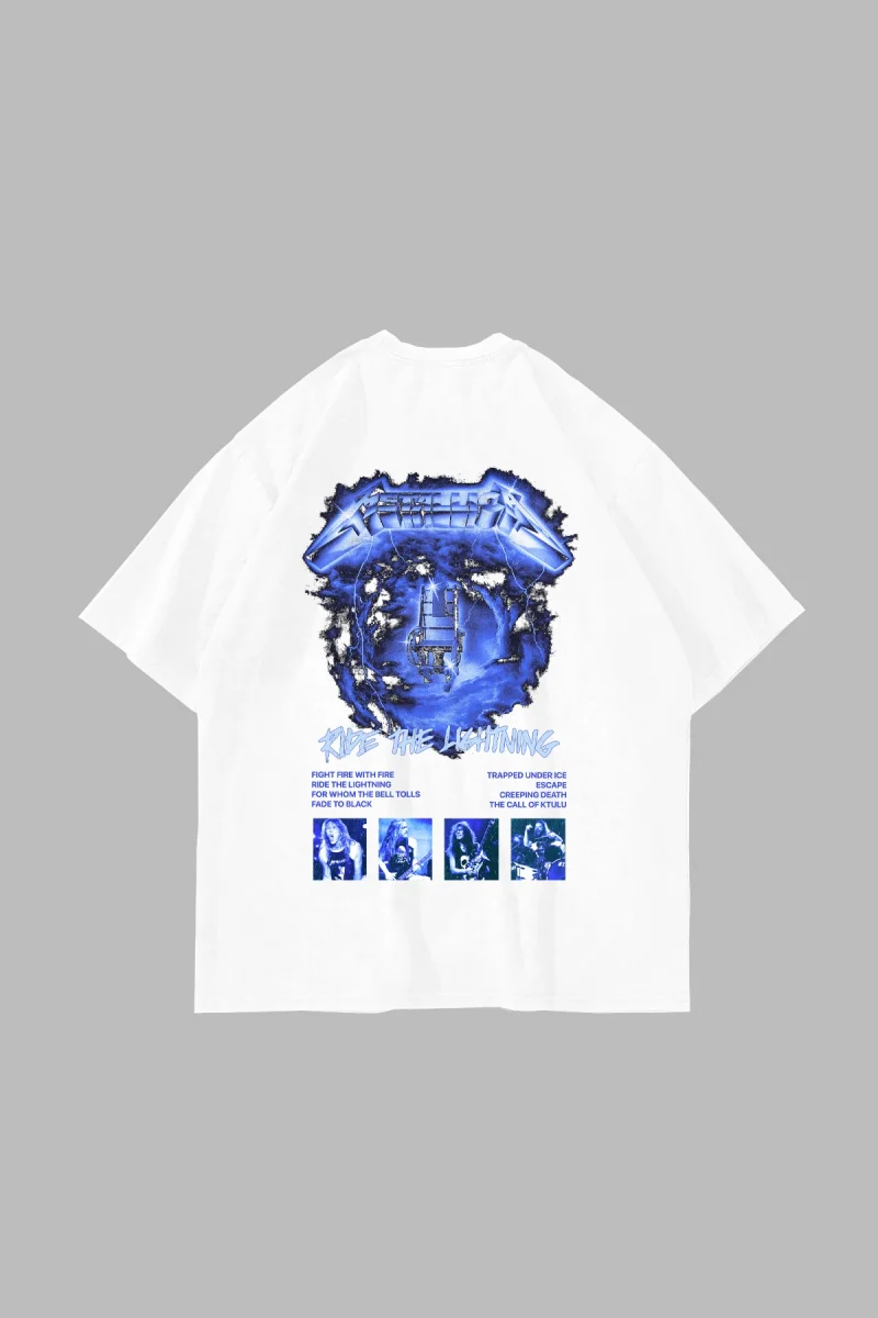 Ride The Lightning Baskılı Oversize Unisex Beyaz Tshirt