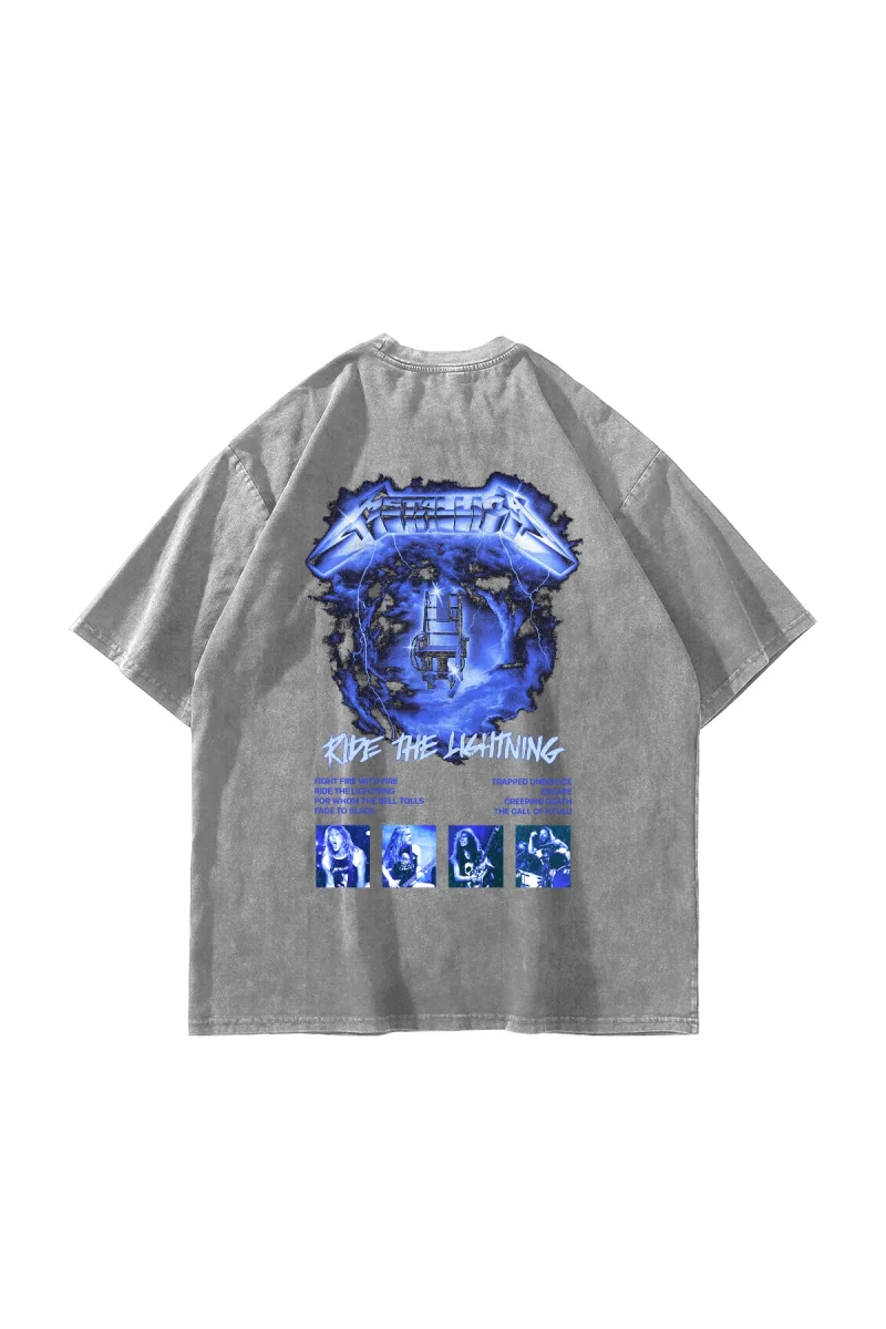 Ride The Lightning Baskılı Oversize Unisex Yıkamalı Beyaz Tshirt