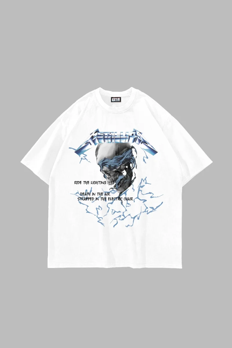 RideTheLighting-Metallica Baskılı Oversize Beyaz Unisex Tshirt