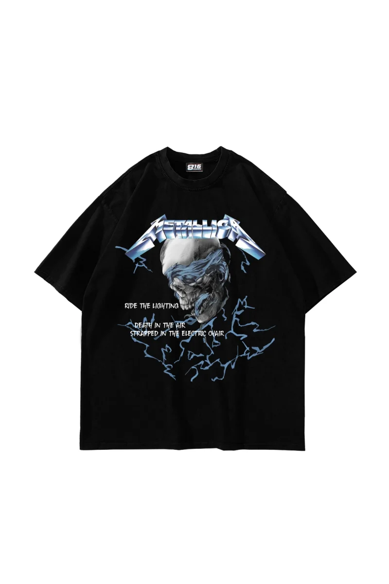 RideTheLighting-Metallica Baskılı Oversize Siyah Unisex Tshirt