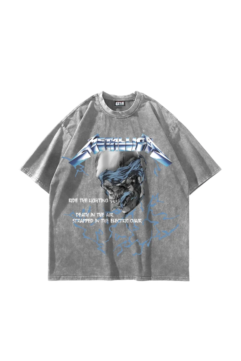 RideTheLighting-Metallica Baskılı Oversize Yıkamalı Beyaz Unisex Tshirt