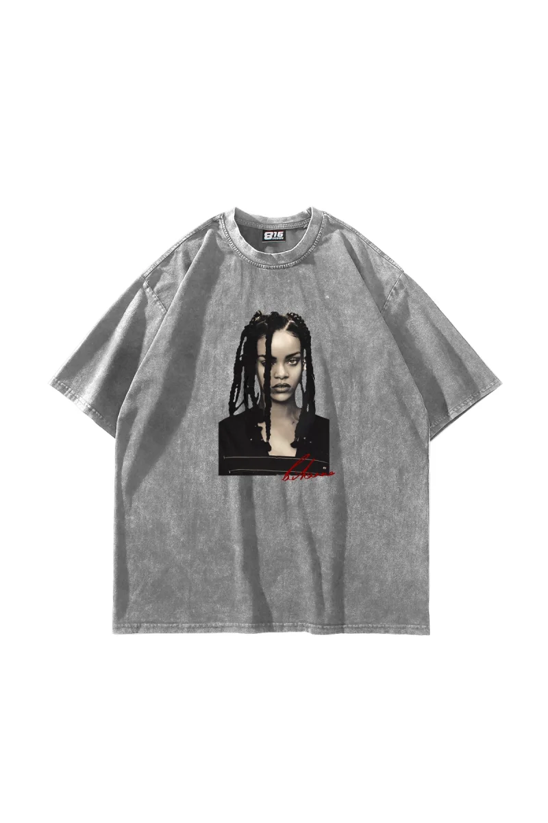 Rihanna Baskılı Oversize Unisex Yıkamalı Beyaz Tshirt