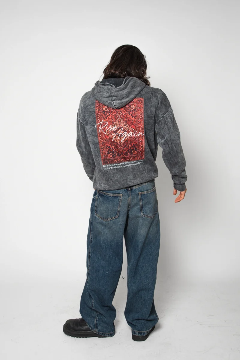 Rise Again Baskılı Oversize Unisex Premium Yıkamalı Siyah Hoodie