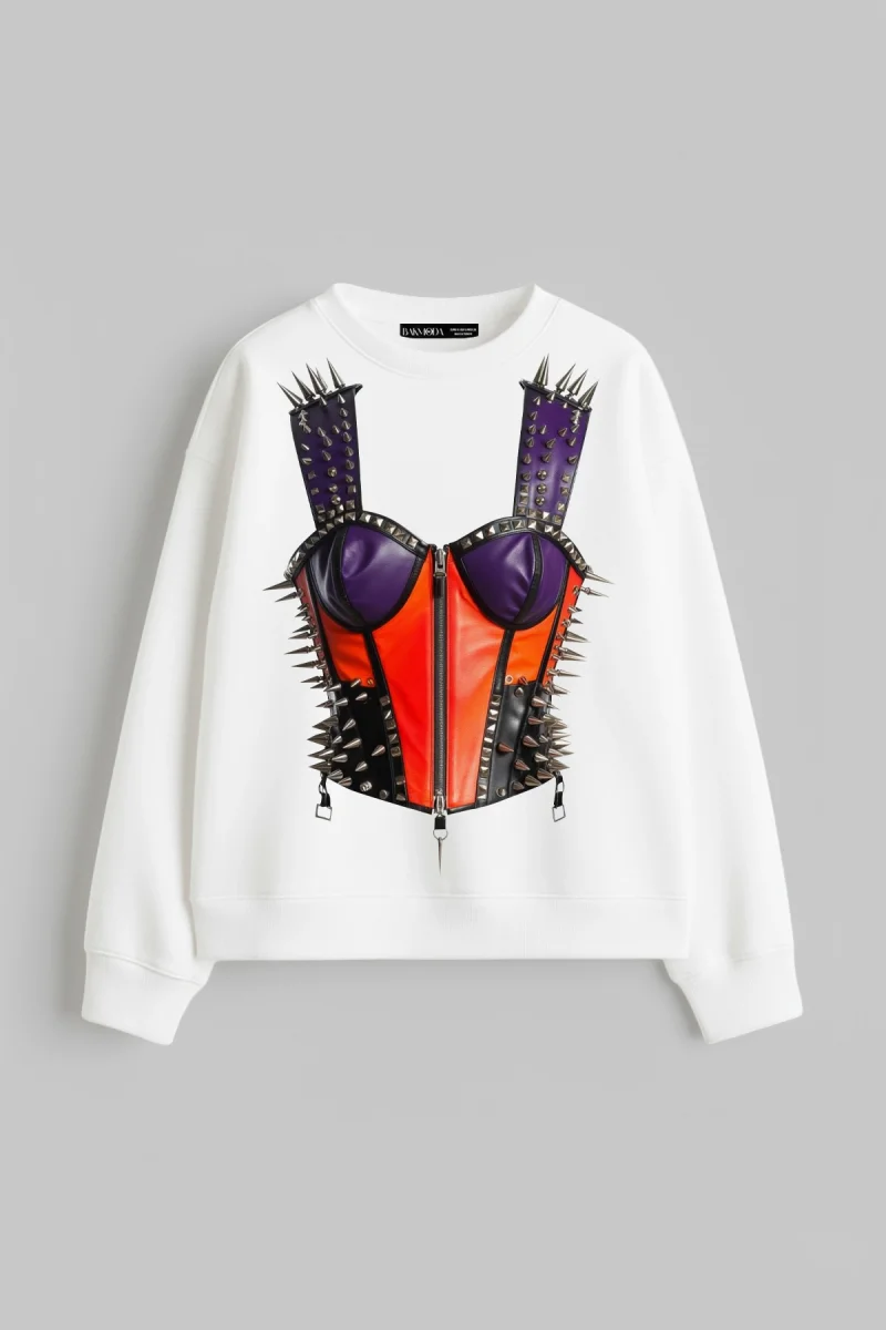 Risk Corset Baskılı Kapüşonsuz Relaxed Fit Kadın Beyaz Sweatshirt