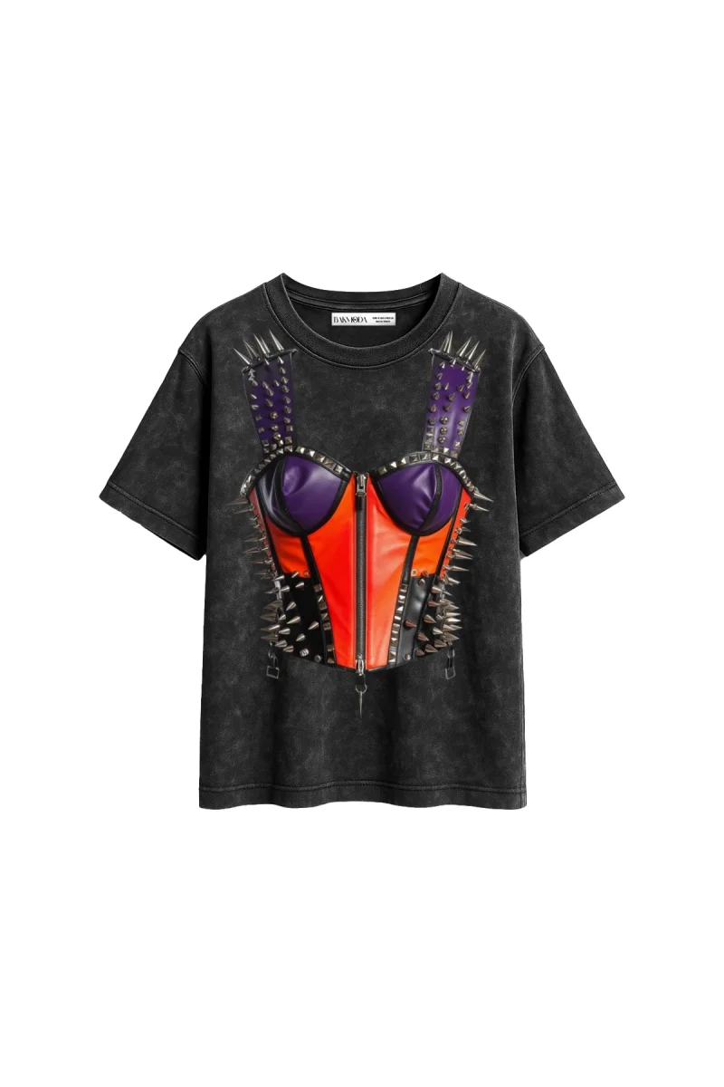 Risk Corset Baskılı Relaxed Fit Yıkamalı Siyah Kadın Tshirt