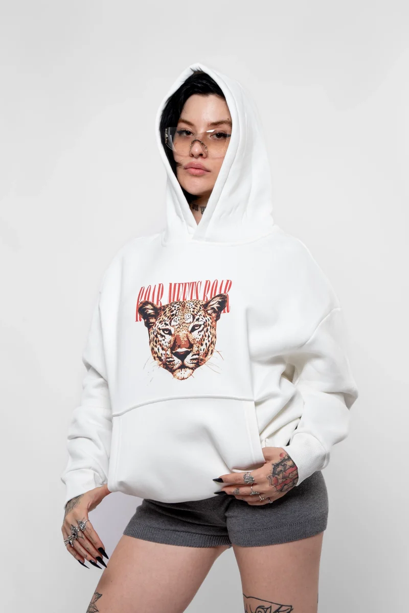 Roar Meets Baskılı Oversize Unisex Beyaz Hoodie