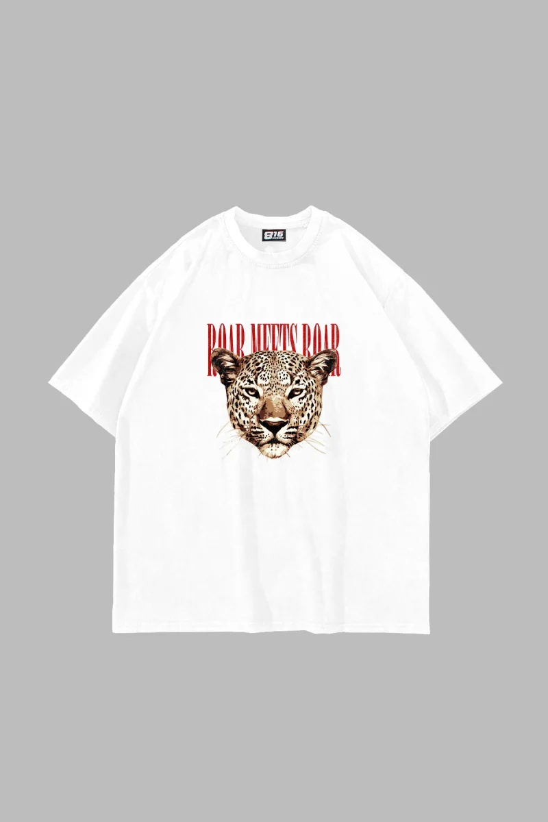 Roar Meets Baskılı Oversize Unisex Beyaz Tshirt