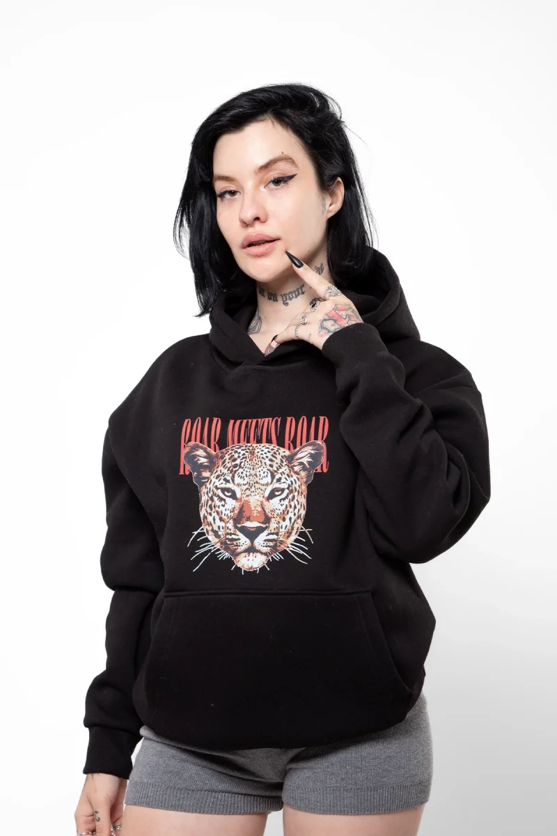 Roar Meets Baskılı Oversize Unisex Siyah Hoodie