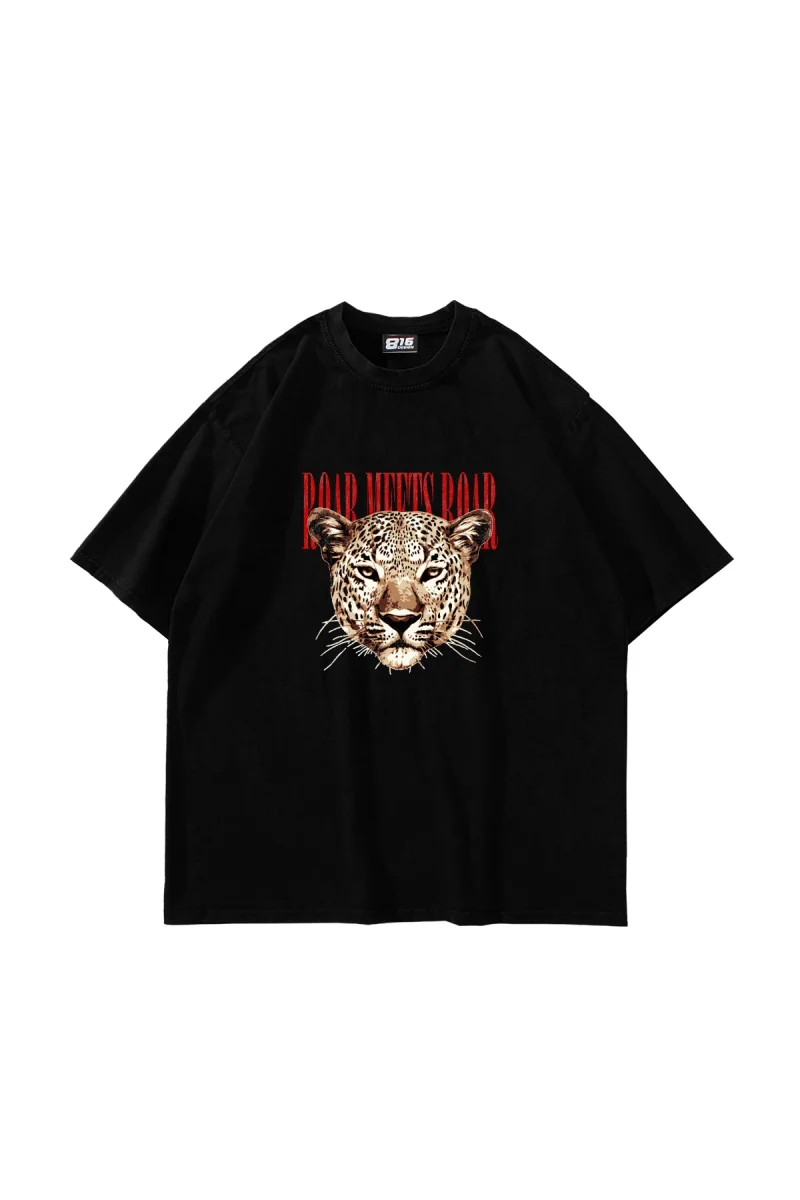 Roar Meets Baskılı Oversize Unisex Siyah Tshirt