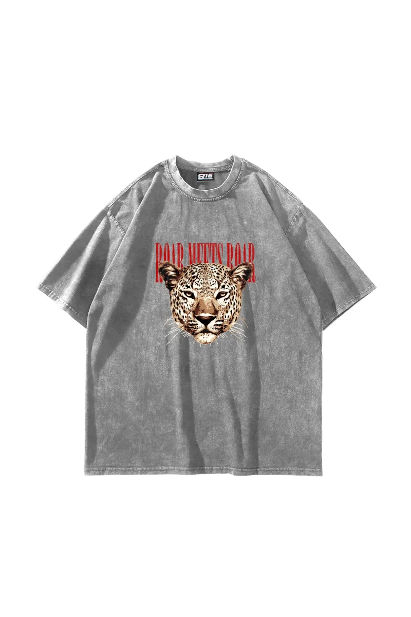 Roar Meets Baskılı Oversize Unisex Yıkamalı Beyaz Tshirt