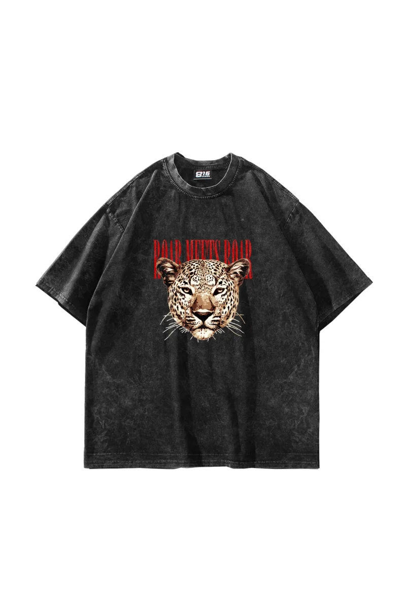 Roar Meets Baskılı Oversize Unisex Yıkamalı Siyah Tshirt