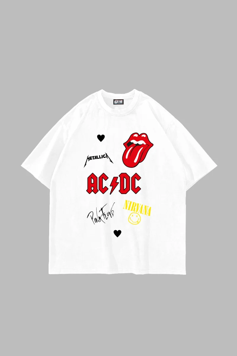 Rock N Roll Baskılı Oversize Unisex Beyaz Tshirt