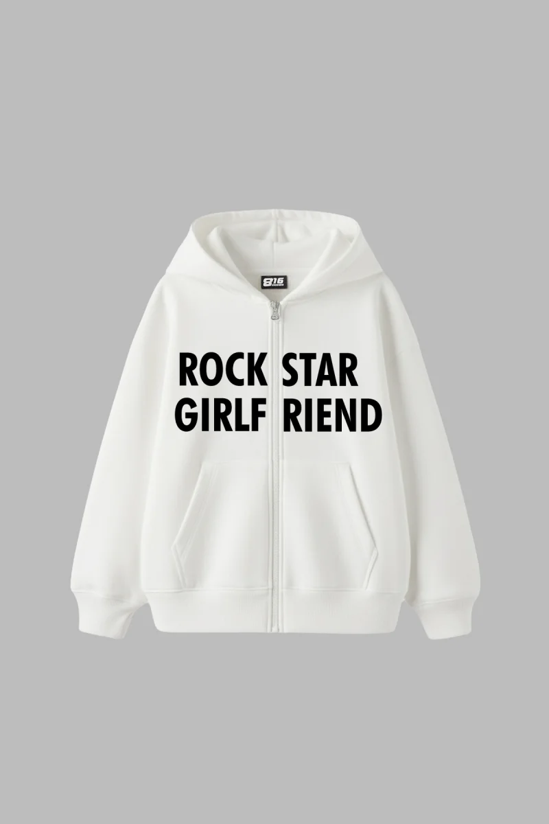 Rockstar Girlfriend Fermuarlı Zip Kapüşonlu Unisex Beyaz Sweatshirt