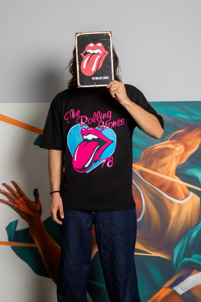 Rolling Stones Baskılı 24/1 Oversize Unisex Siyah Tshirt