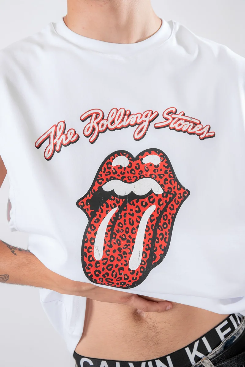 Rolling Stones Baskılı Beyaz Sıfır Kol Tişört