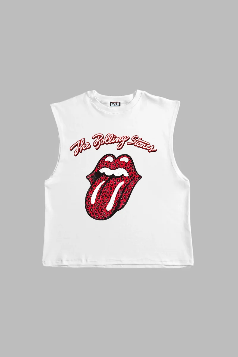 Rolling Stones Baskılı Beyaz Sıfır Kol Tişört