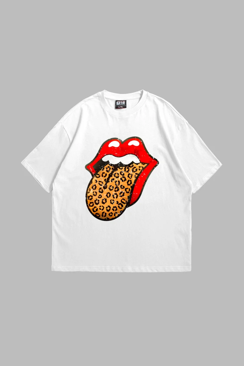 Rolling Stones Leopar Baskılı Oversize Unisex Premium Beyaz Tshirt