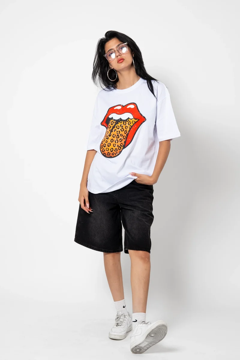 Rolling Stones Leopar Baskılı Oversize Unisex Premium Beyaz Tshirt