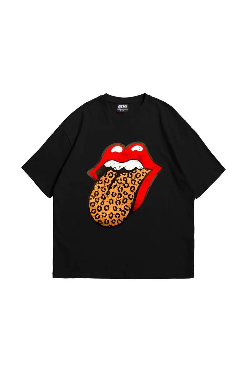 Rolling Stones Leopar Baskılı Oversize Unisex Premium Siyah Tshirt