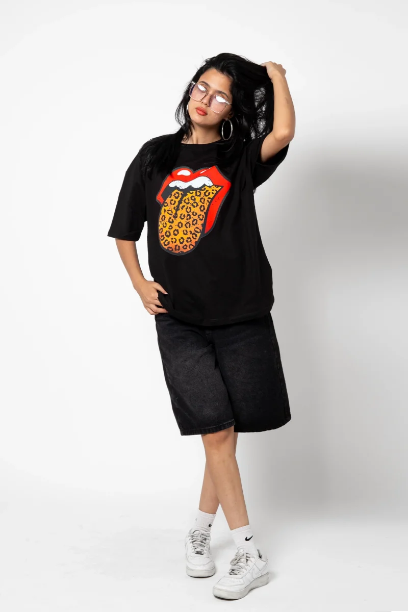 Rolling Stones Leopar Baskılı Oversize Unisex Premium Siyah Tshirt