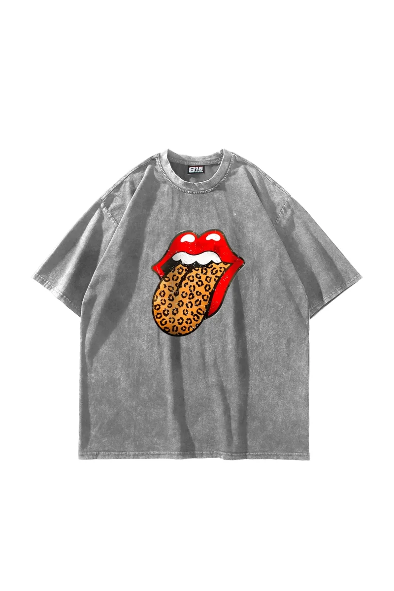 Rolling Stones Leopar Baskılı Oversize Unisex Premium Yıkamalı Beyaz Tshirt