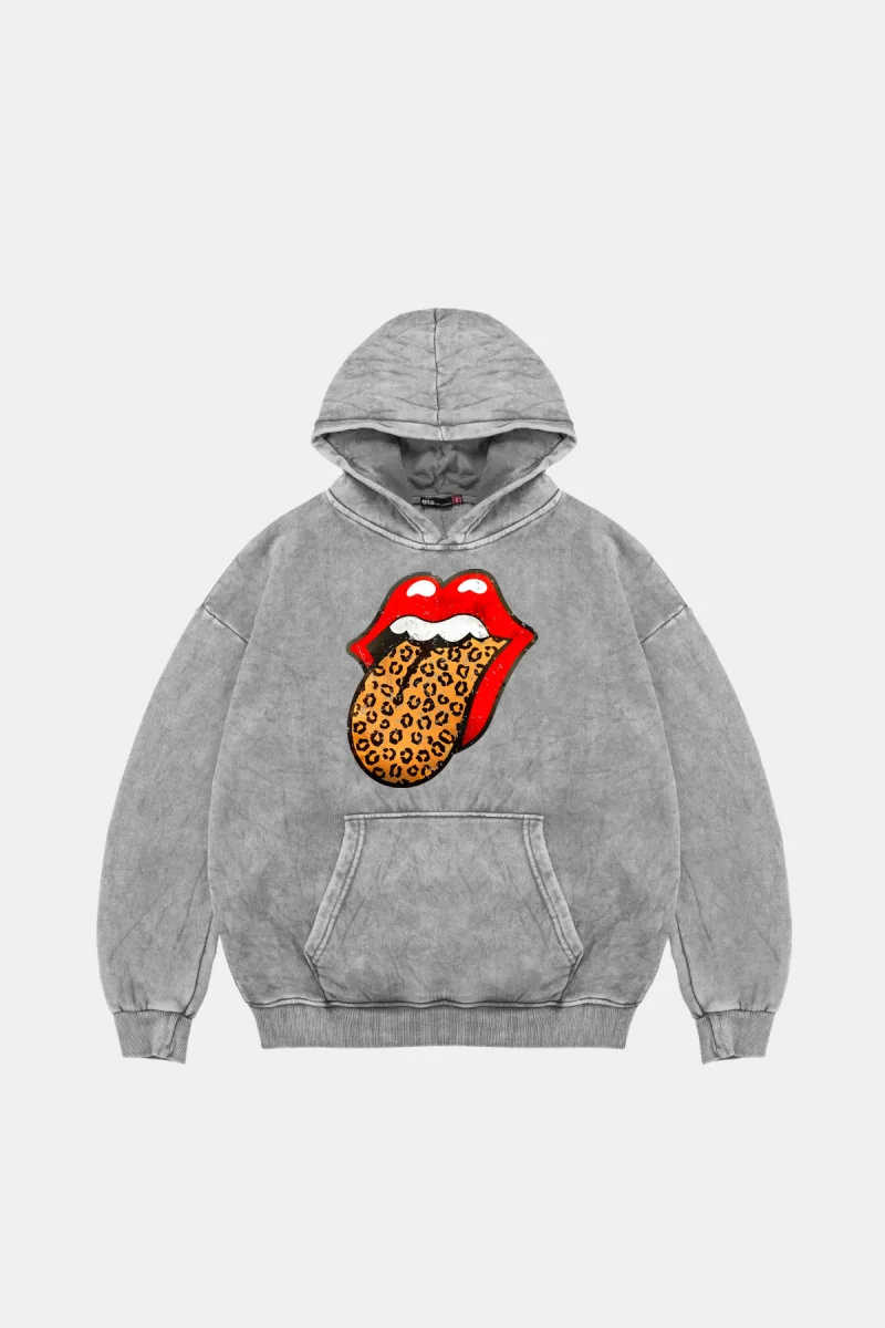 Rolling Stones Leopar Baskılı Oversize Unisex Yıkamalı Beyaz Hoodie