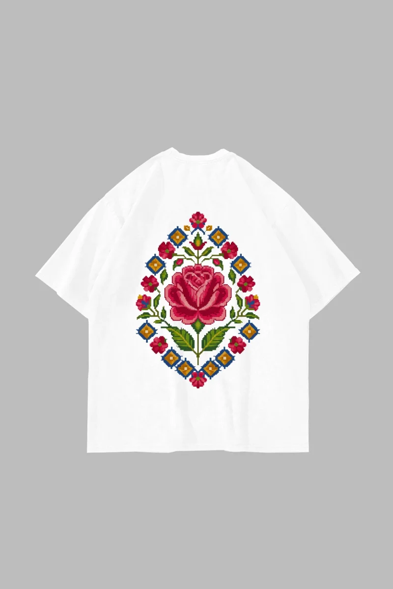 Rose-Face Baskılı Oversize Unisex Beyaz Tshirt