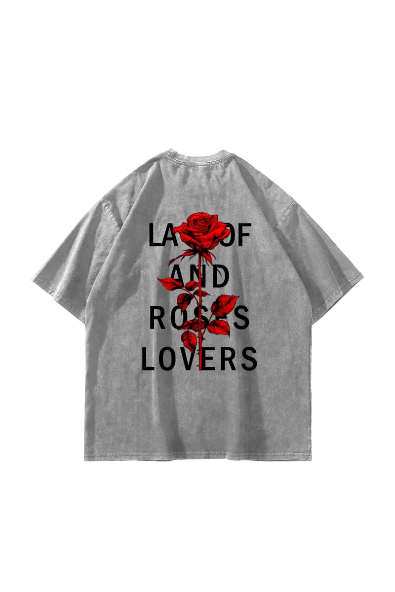 Roses Lovers Baskılı Oversize Unisex Yıkamalı Beyaz Tshirt