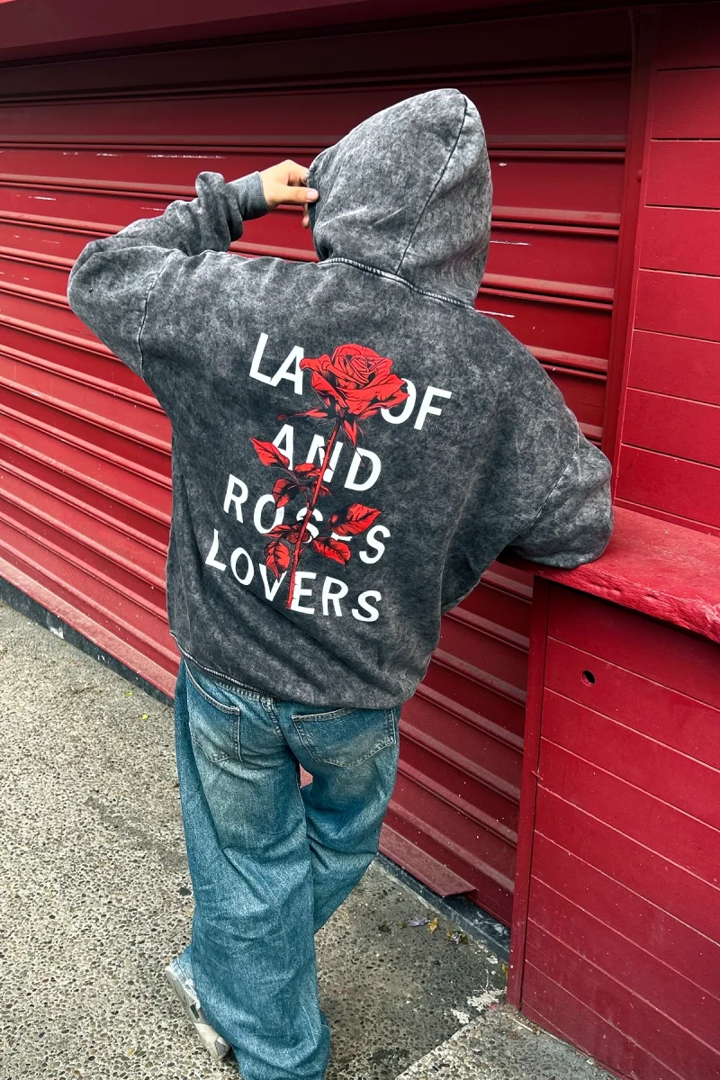 Roses Lovers Baskılı Oversize Unisex Yıkamalı Siyah Hoodie