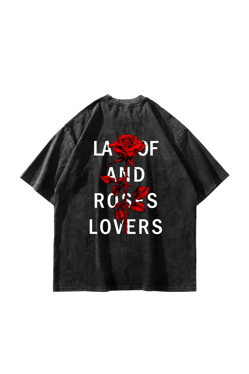 Roses Lovers Baskılı Oversize Unisex Yıkamalı Siyah Tshirt