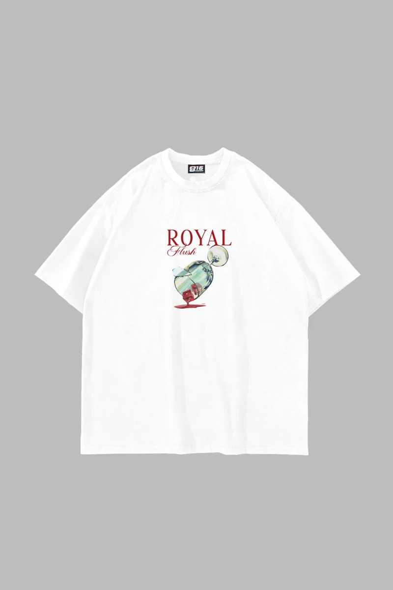 Royal Flush Baskılı Oversize Unisex Beyaz Tshirt