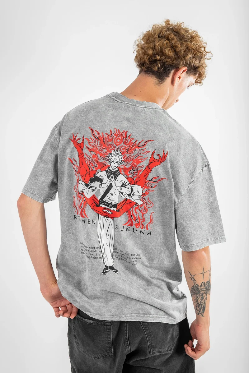 Ryomen Sukuna Baskılı Oversize Unisex Yıkamalı Beyaz Tshirt