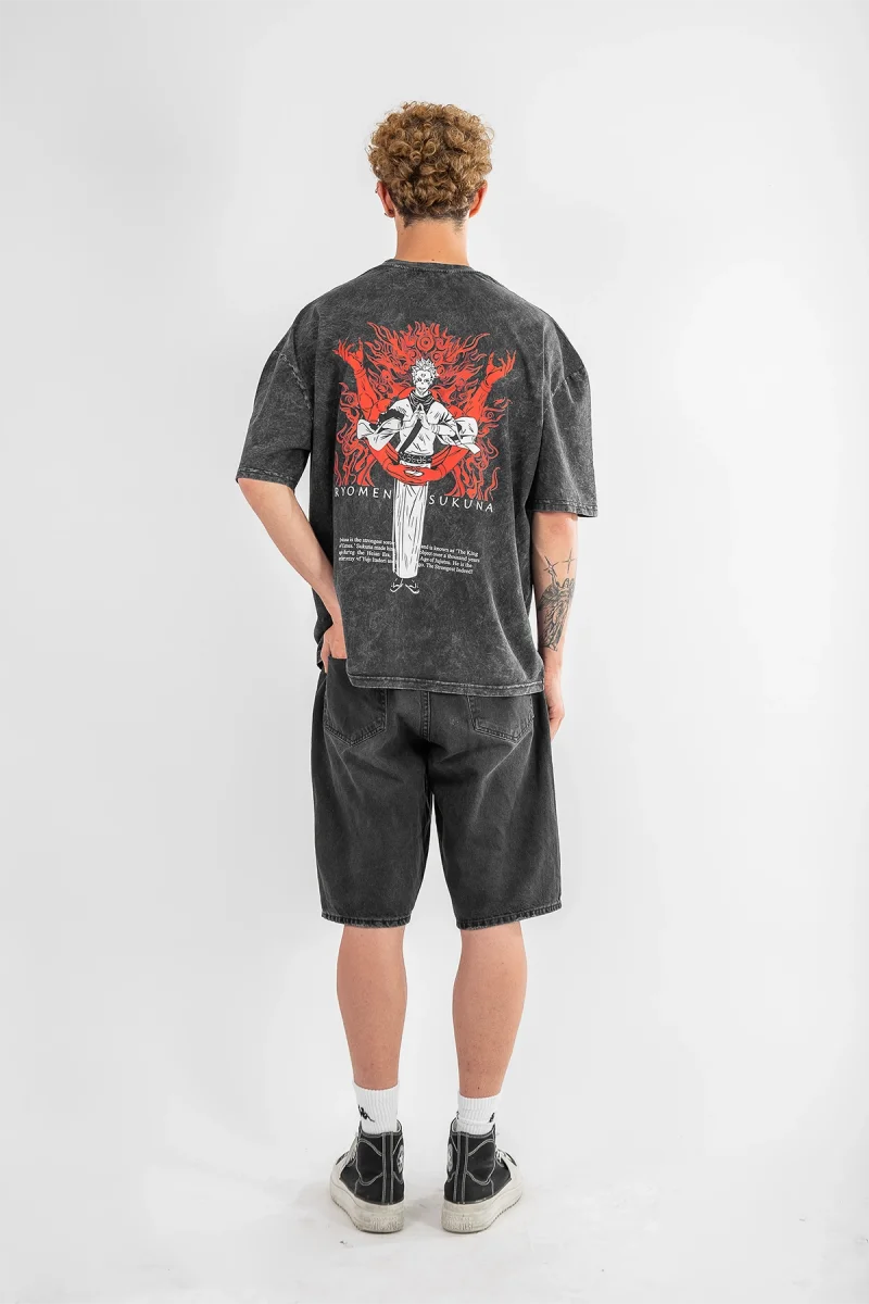 Ryomen Sukuna Baskılı Oversize Unisex Yıkamalı Siyah Tshirt