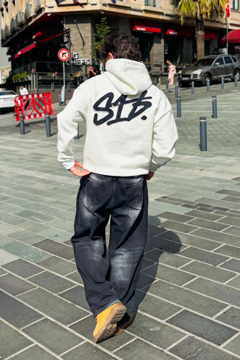 S16 Baskılı Oversize Unisex Beyaz Hoodie