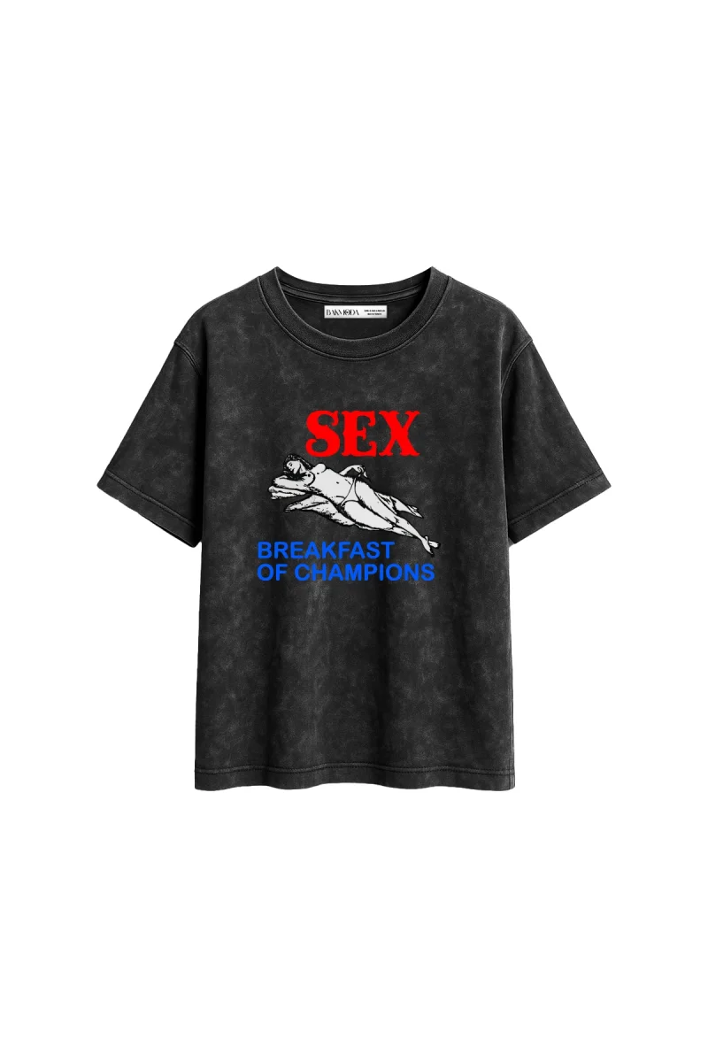 S3x Baskılı Relaxed Fit Yıkamalı Siyah Kadın Tshirt