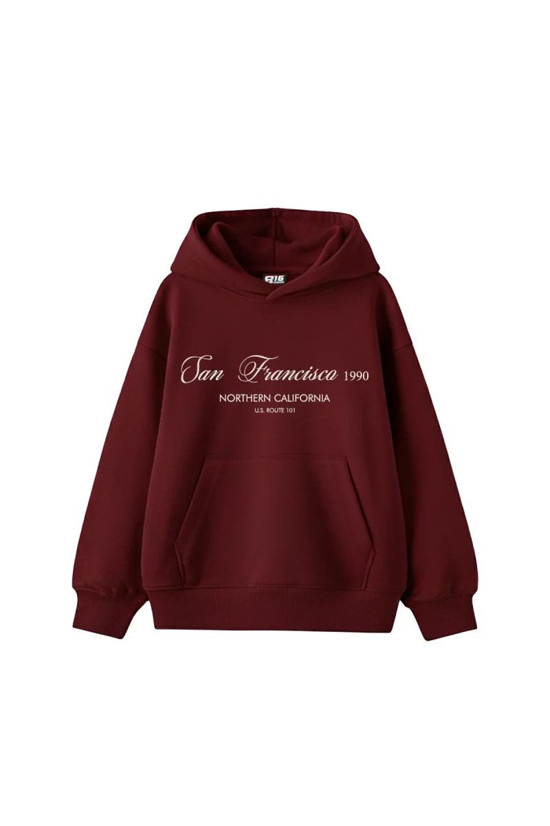 San Francisco 1990 Baskılı Oversize Unisex Bordo Hoodie