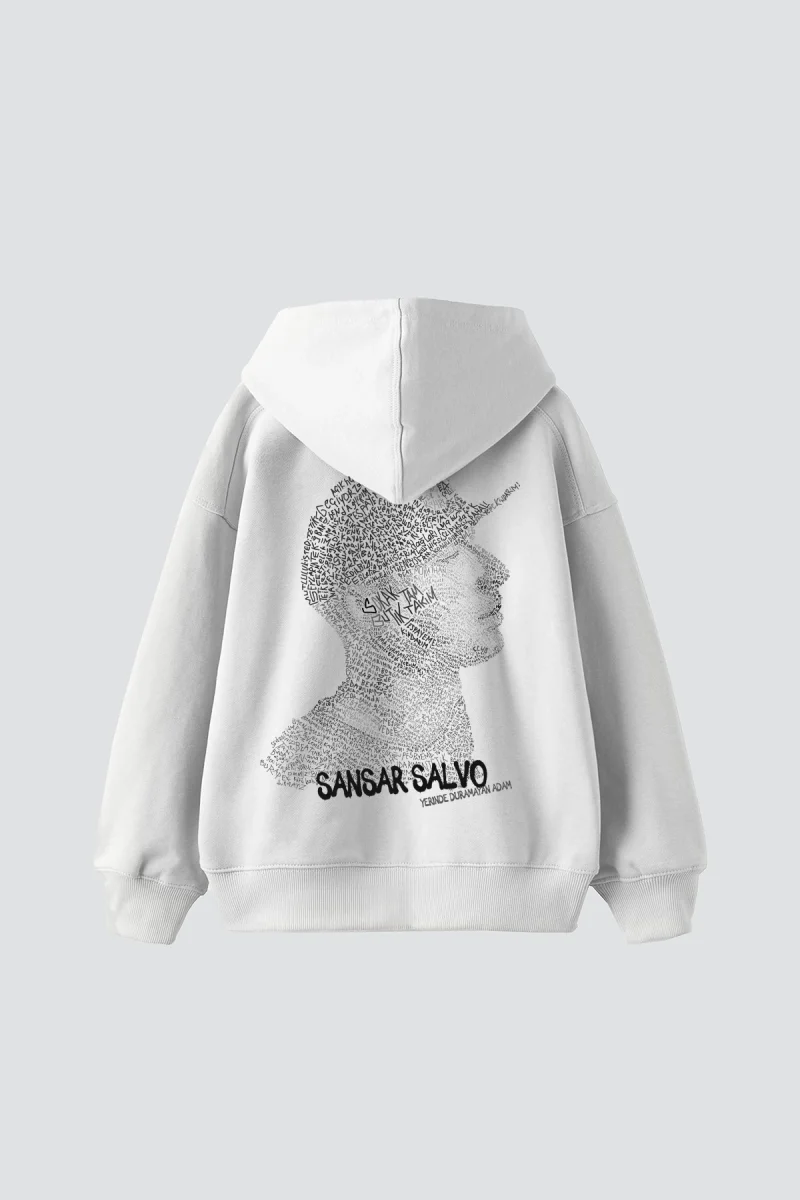 Sansar Salvo Baskılı Oversize Unisex Beyaz Hoodie